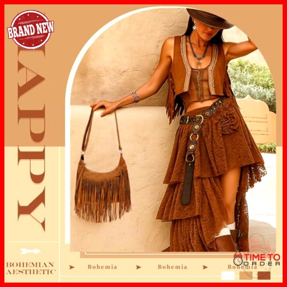 Boho Jewelry Set with Fringe Purse Leather Bracelets Layered Necklace Dangle - Picture 6 of 7